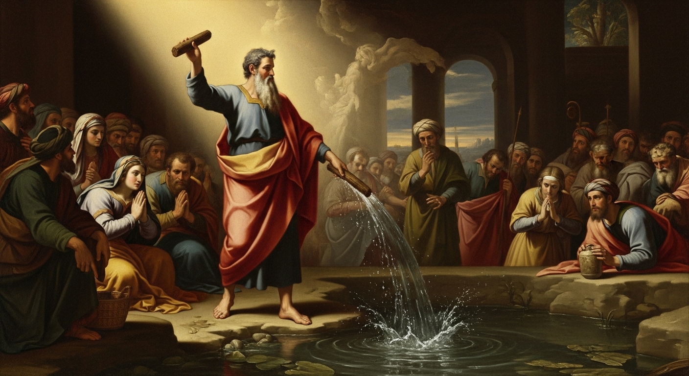 Moisés arroja un trozo de madera a las aguas amargas de Mara, observando cómo se vuelven dulces por providencia divina.