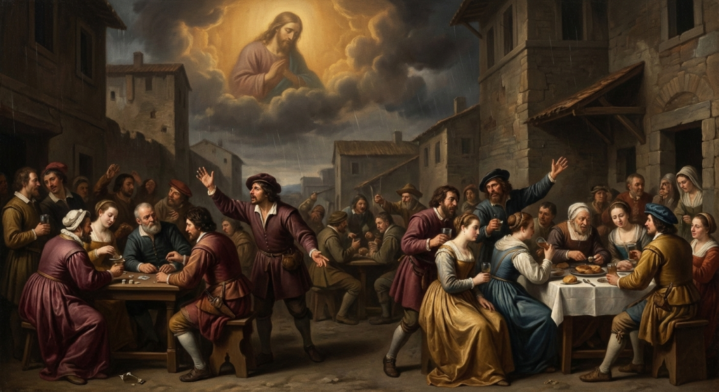 La maldad humana en la Tierra antes del Diluvio, reflejando Génesis 6:5 y la desviación del corazón.