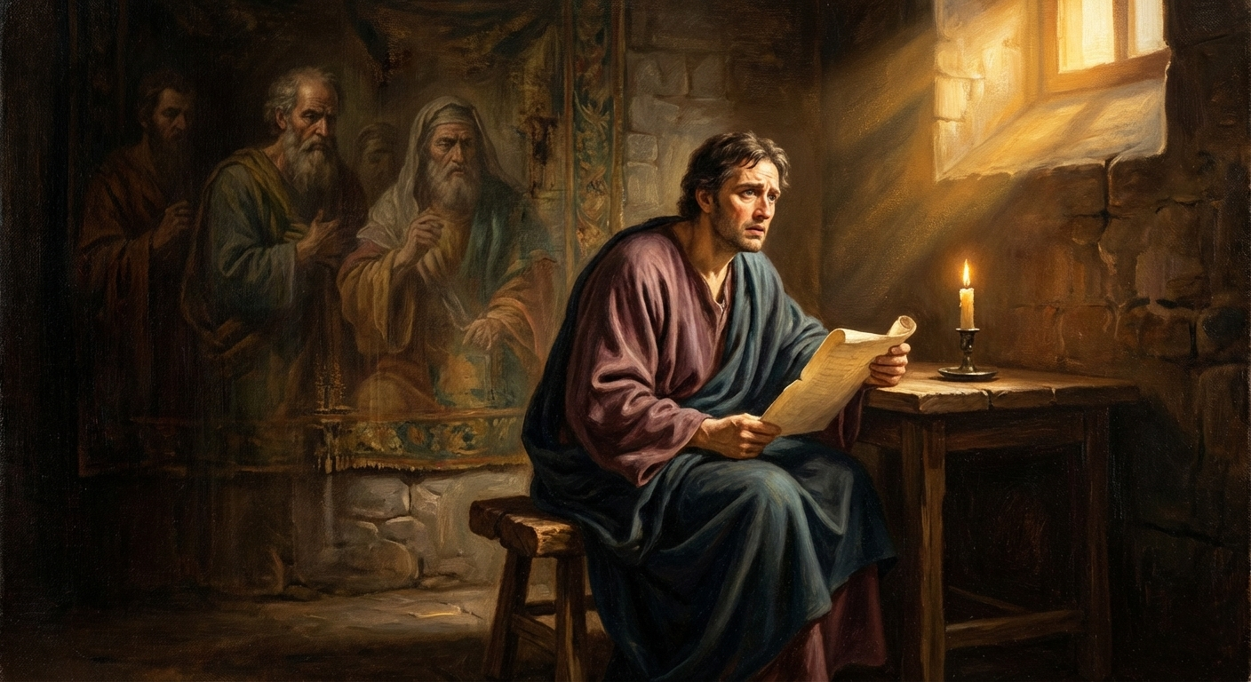 Un individuo meditando, luchando contra pensamientos y deseos maliciosos, inspirado en Caín o el rey David.