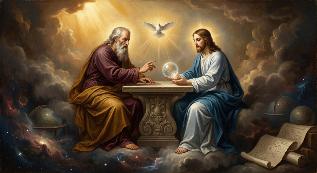 La Santísima Trinidad en concilio divino, deliberando sobre la creación del hombre a su imagen y semejanza, un misterio fundacional.