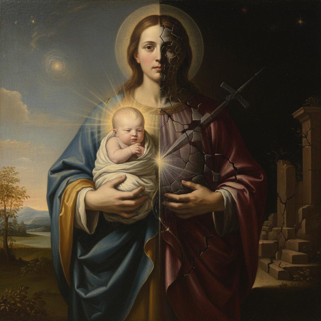 Contraste entre el don sagrado de la vida, bañado en amor divino, y la sombra que distorsiona la imagen de Dios al atentar contra ella.