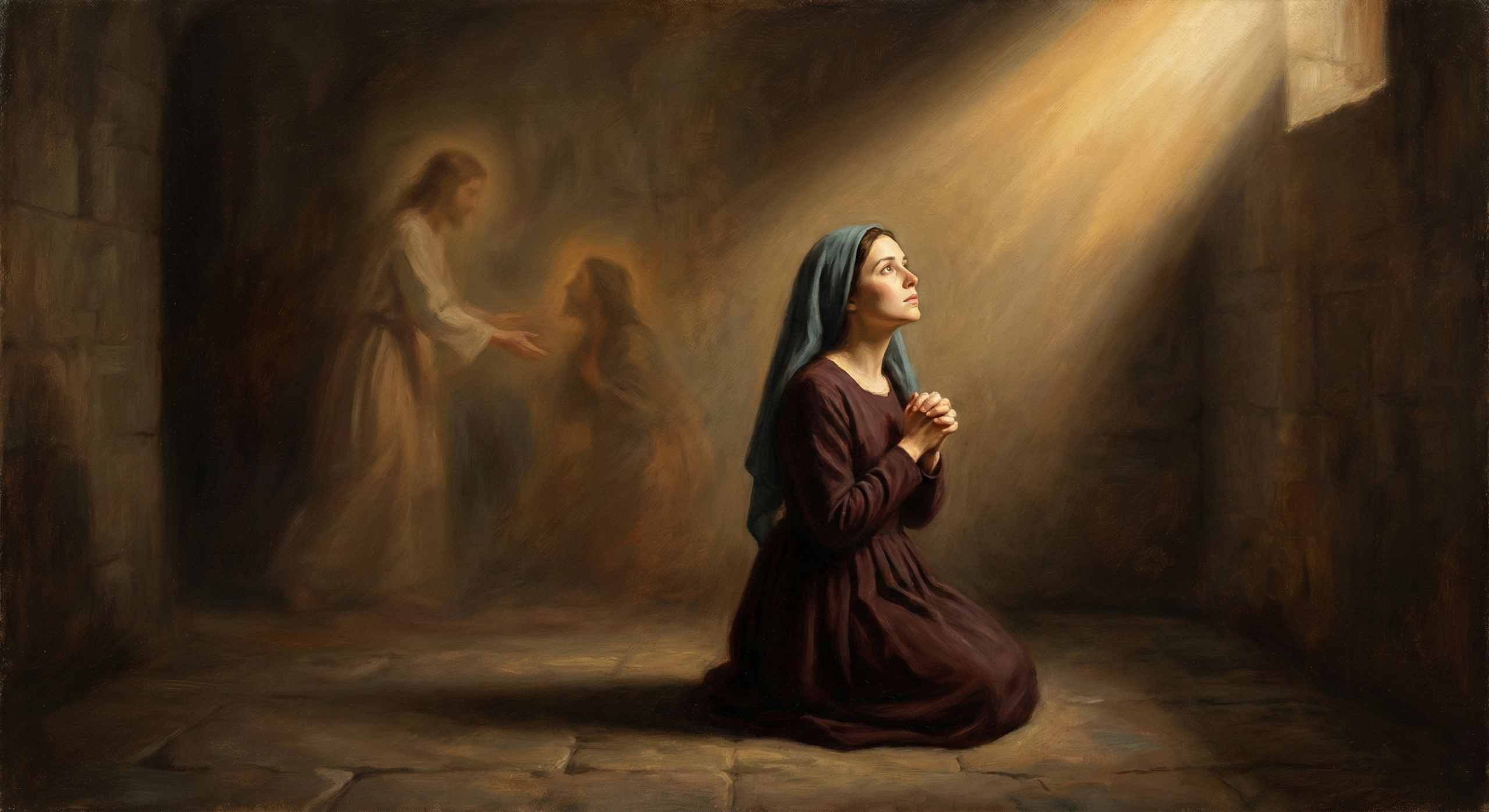 Ana orando de rodillas, recibiendo la purificación divina tras confesar su envidia y practicar la solidaridad.