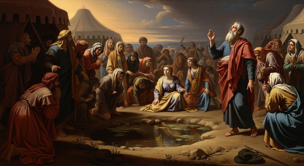 El pueblo de Israel desesperado y murmurando ante las aguas amargas de Mara, mientras Moisés clama a Dios en busca de ayuda.