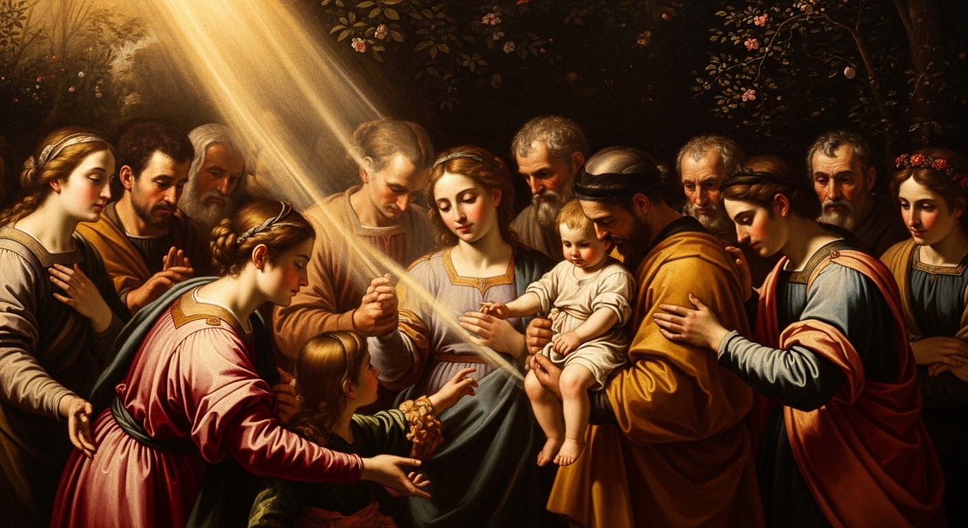 Comunidad o familia viviendo en amor y paz, guiados por la Ley divina que fomenta relaciones sanas y un crecimiento armonioso.